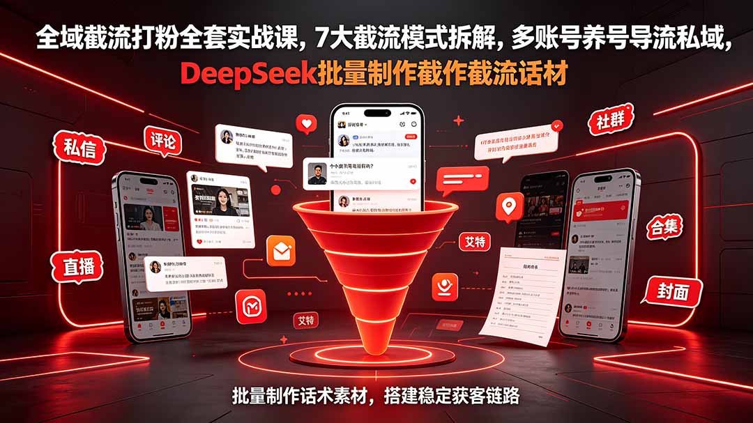 全域截流打粉全套实战课，7大截流模式拆解，多账号养号导流私域，DeepSeek批量制作截流话术素材-海之城短剧项目