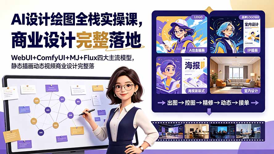 AI设计绘图全栈实操课，WebUI+ComfyUI+MJ+Flux四大主流模型，静态插画动态视频商业设计完整落地教程-海之城短剧项目