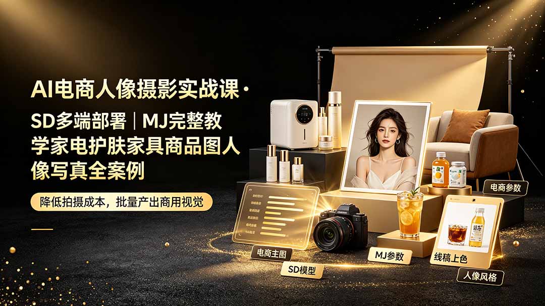AI电商人像摄影实战课·SD多端部署｜MJ完整教学｜家电护肤家具商品图人像写真全案例-海之城短剧项目