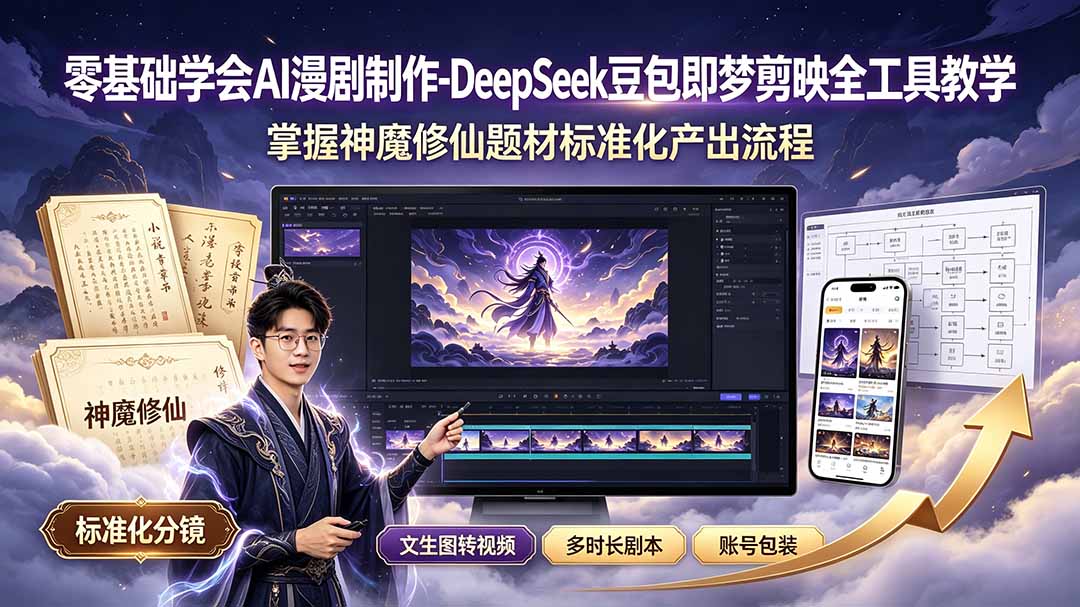 零基础学会AI漫剧制作-DeepSeek豆包即梦剪映全工具教学，掌握神魔修仙题材标准化产出流程-海之城短剧项目
