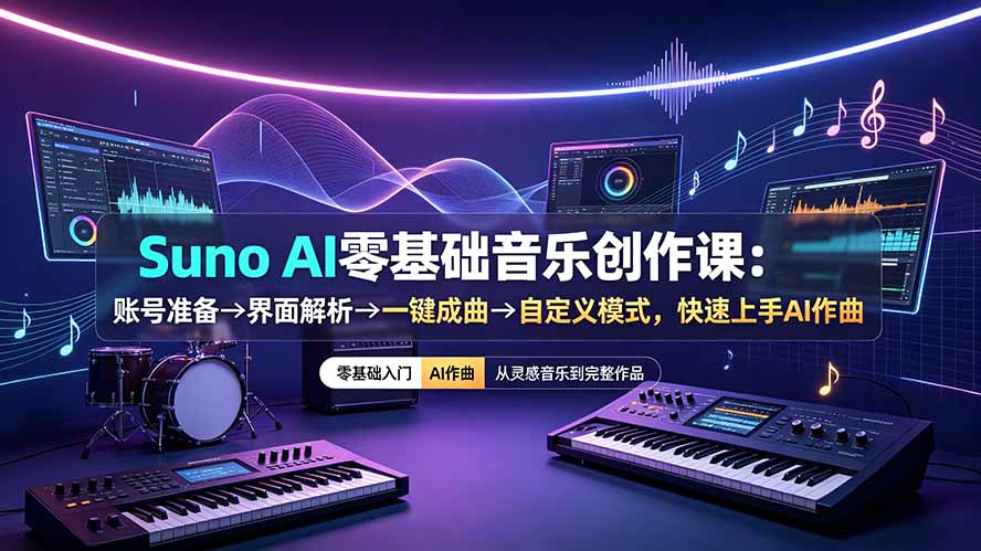 Suno AI零基础音乐创作课：账号准备→界面解析→一键成曲→自定义模式，快速上手AI作曲-海之城短剧项目