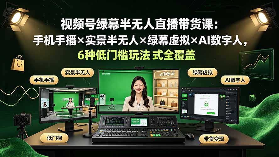 视频号绿幕半无人直播带货课：手机手播×实景半无人×绿幕虚拟×AI数字人，6种低门槛玩法全覆盖-海之城短剧项目