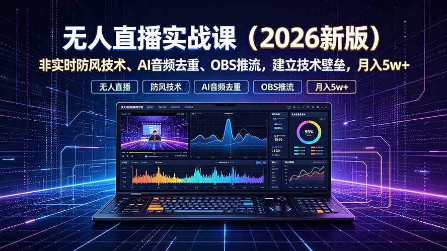 无人直播实战课（更新7月），非实时防风技术、AI音频去重、OBS推流，建立技术壁垒，月入5w+-海之城短剧项目