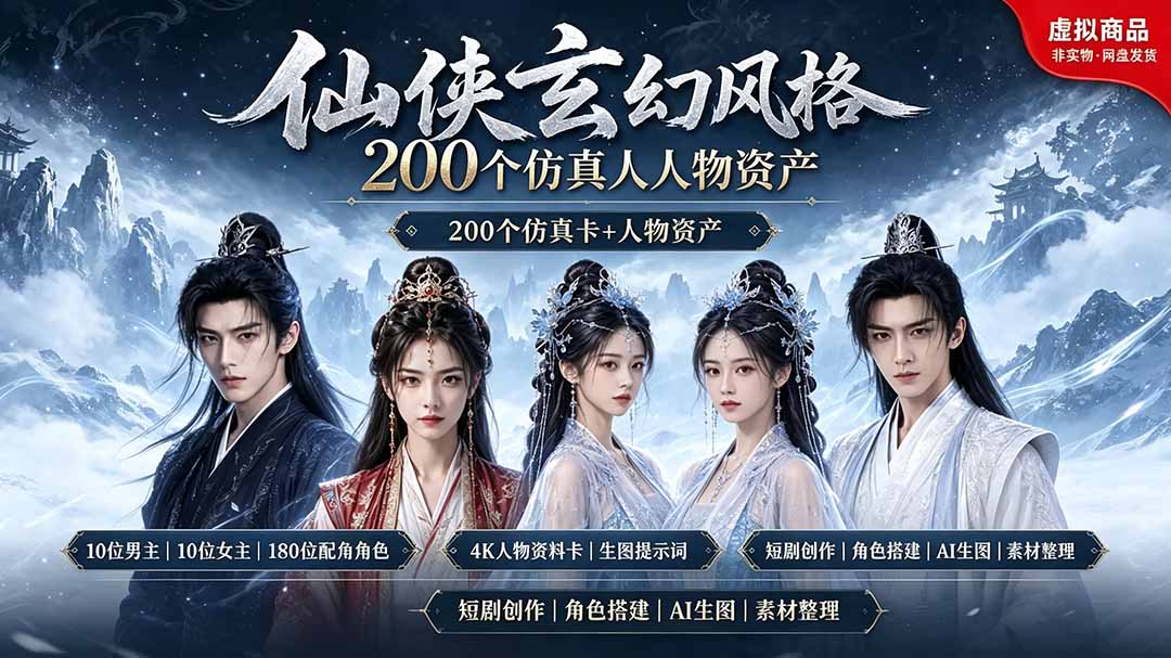200个仙侠玄幻仿真人素材◆10男主×10女主×180配角，4K资料卡+AI生图提示词，漫剧必备-海之城短剧项目