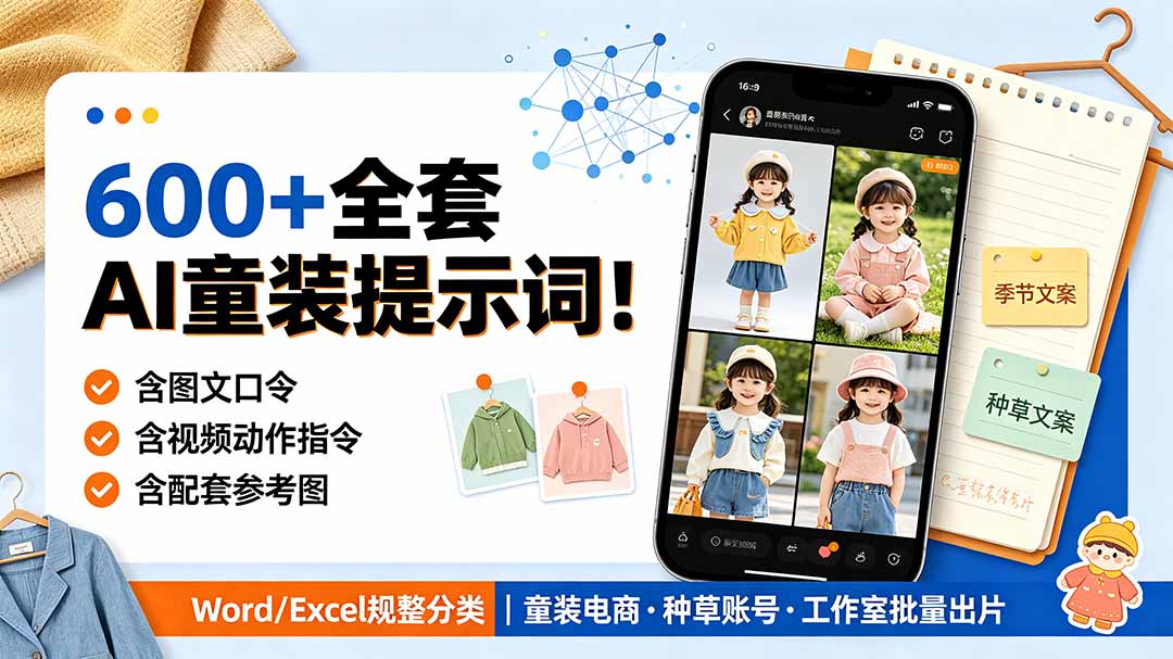 600+全套AI童装提示词！含图文口令+视频动作指令+配套参考图，Word/Excel规整分类，童装电商、种草无脑量产内容-海之城短剧项目