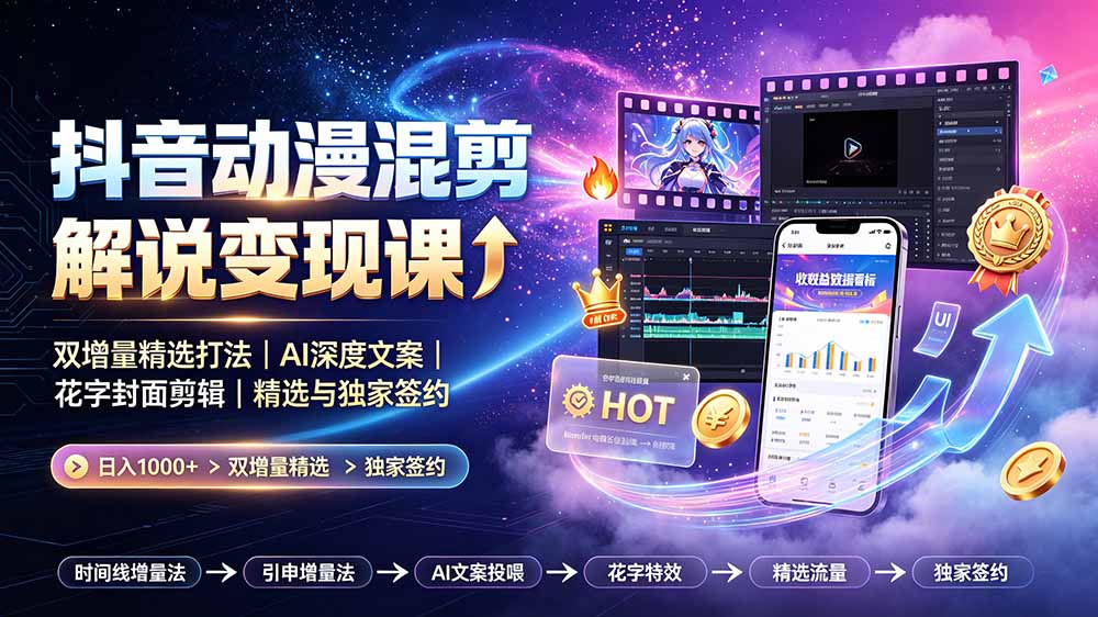 抖音动漫混剪解说变现课：双增量精选打法｜AI深度文案｜花字封面剪辑｜ 精选与独家签约日入1000+-海之城短剧项目