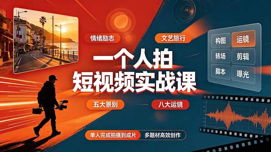 一个人拍短视频实战课：情绪励志文艺旅行多题材×五大景别×黄金构图×八大运镜，从拍摄到成片高效创作-海之城短剧项目