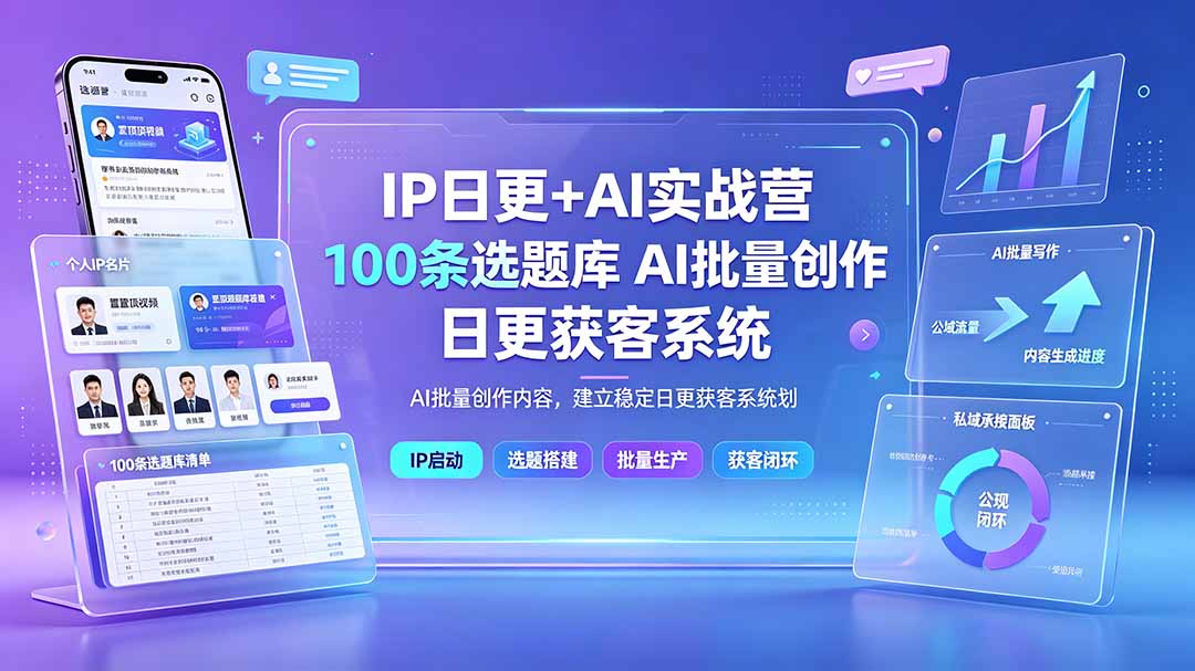 IP日更+AI实战营：IP置顶视频制作×100条选题库搭建×10条日更规划，AI批量创作内容，建立稳定日更获客系统-海之城短剧项目