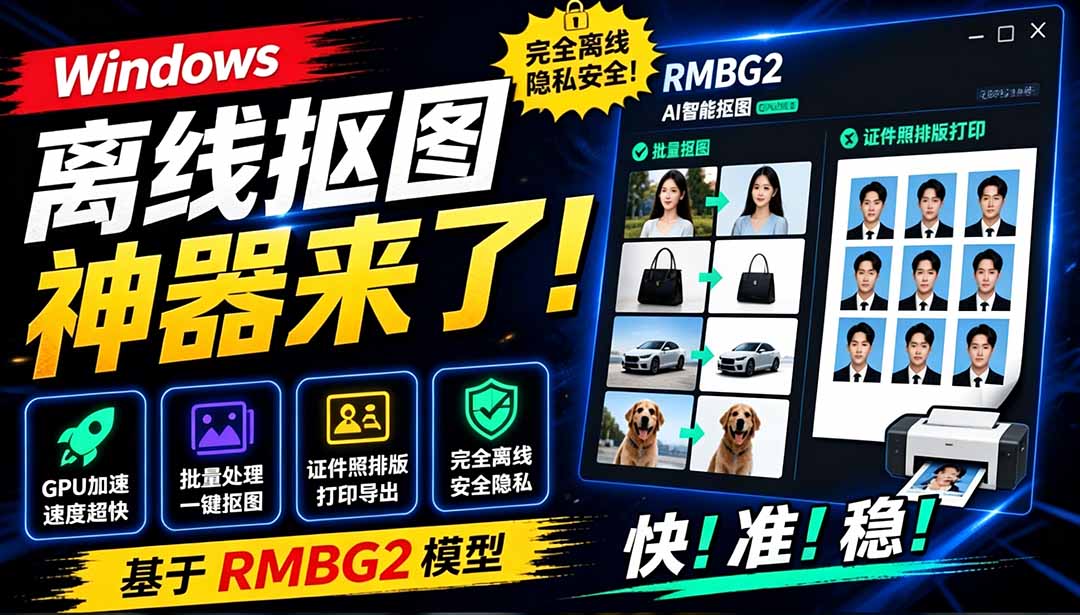 Windows离线抠图神器来了！支持批量抠图 + 证件照排版打印，基于RMBG2模型，GPU加速 方块AI抠图-海之城短剧项目