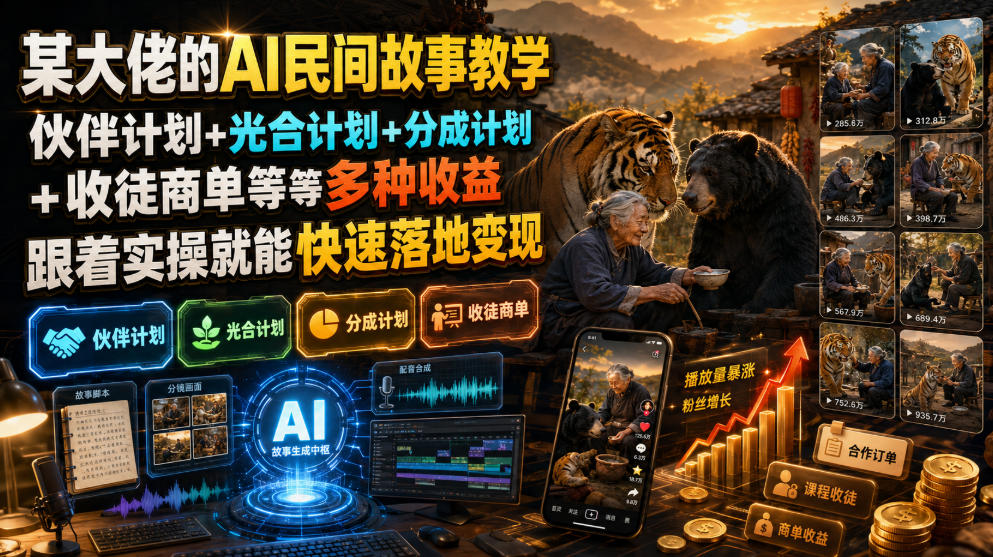 某大佬的AI民间故事教学，伙伴计划+光合计划+分成计划+收徒商单等多种收益，跟着实操就能快速落地变现-海之城短剧项目