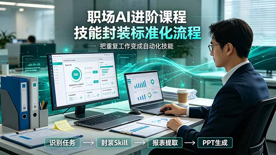 职场AI进阶课程；多类实用Skill工具实操，专属技能封装标准化流程，报表行业报告一键提取核心内容-海之城短剧项目