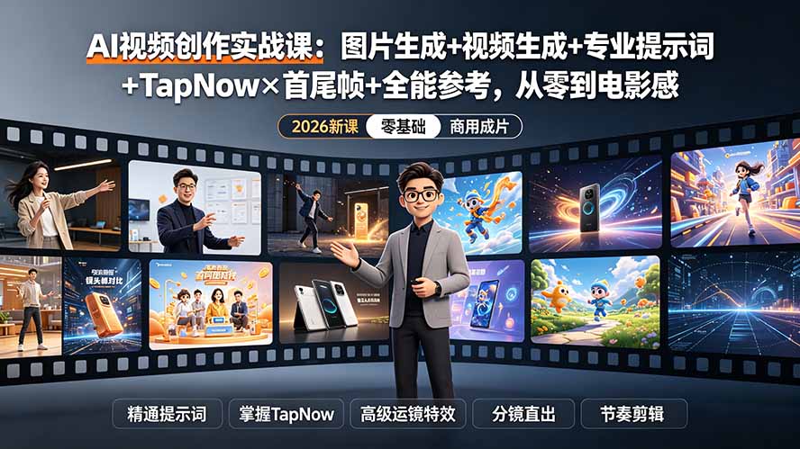 AI视频创作实战课：图片生成+视频生成+专业提示词+TapNow×首尾帧+全能参考，从零到电影感成片-海之城短剧项目