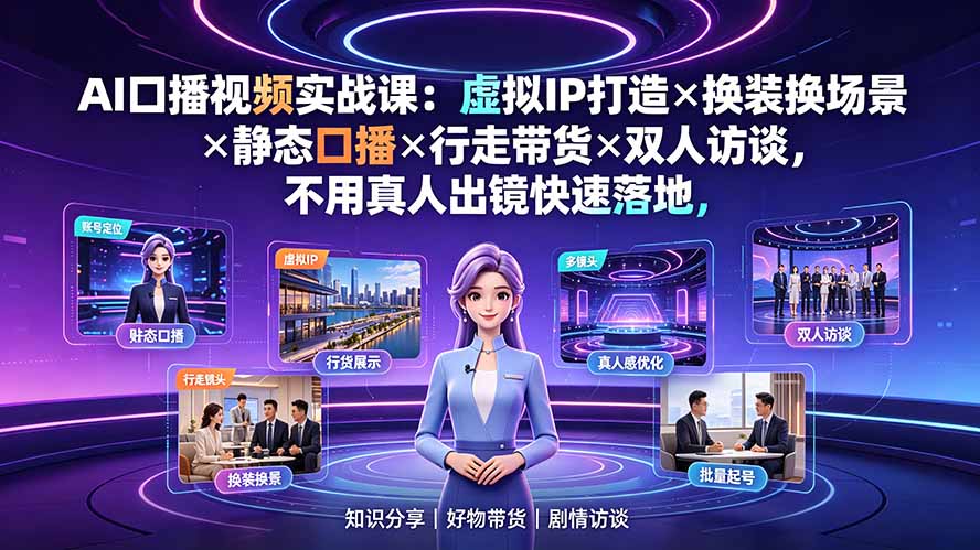 AI口播视频实战课：虚拟IP打造×换装换场景×静态口播×行走带货×双人访谈，不用真人出镜快速落地-海之城短剧项目