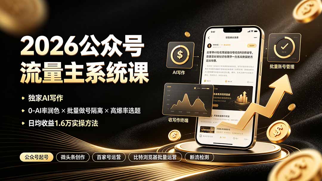 2026公众号流量主系统课：独家AI写作×0-AI率润色×批量做号隔离×高爆率选题，日均收益1.6万实操方法-海之城短剧项目