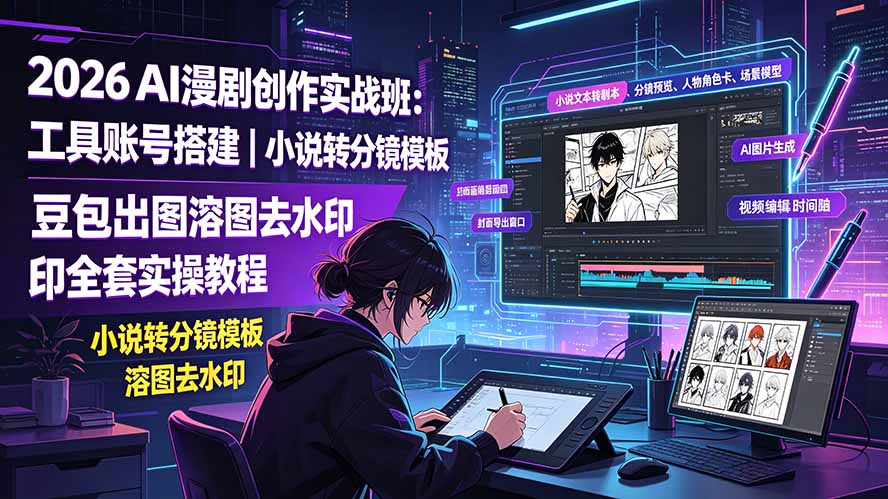 2026AI漫剧创作实战班：工具账号搭建｜小说转分镜模板｜豆包出图溶图去水印全套实操教程-海之城短剧项目