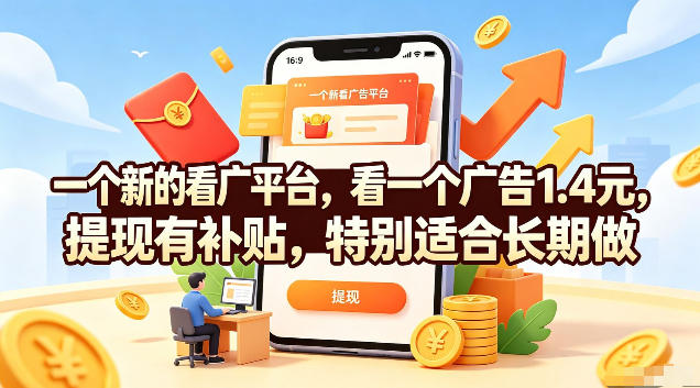 一个新的看广平台，看一个广告1.4元，提现有补贴，特别适合长期做-海之城短剧项目