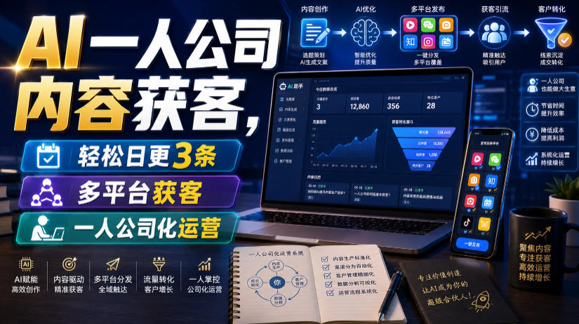 AI一人公司内容获客，轻松日更3条，多平台获客，一人公司化运营-海之城短剧项目