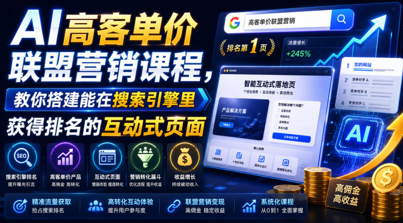 AI高客单价联盟营销课程，教你搭建能在搜索引擎里获得排名的互动式页面，引来流量，把访客转化为高佣金的成交【原创双语字幕】-海之城短剧项目