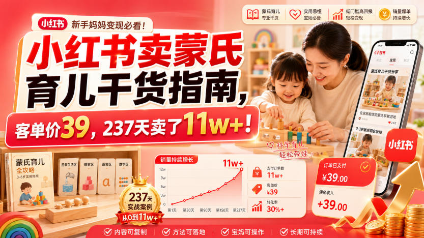 小红书卖蒙氏育儿干货指南，客单价39，237天卖了11w+！-海之城短剧项目
