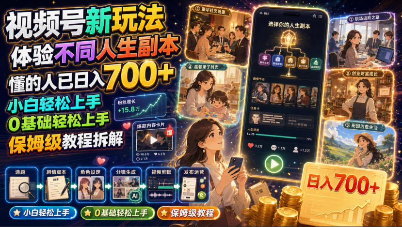 视频号新玩法体验不同人生副本，懂的人已日入700+，小白轻松上手，0基础轻松上手，保姆级教程拆解-海之城短剧项目