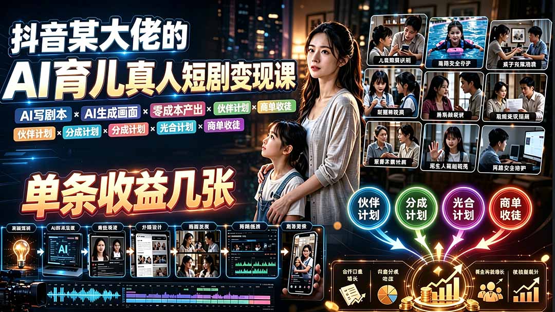 AI育儿真人短剧变现课：AI写剧本×AI生成画面×零成本产出×伙伴计划×分成计划×光合计划×商单收徒-海之城短剧项目