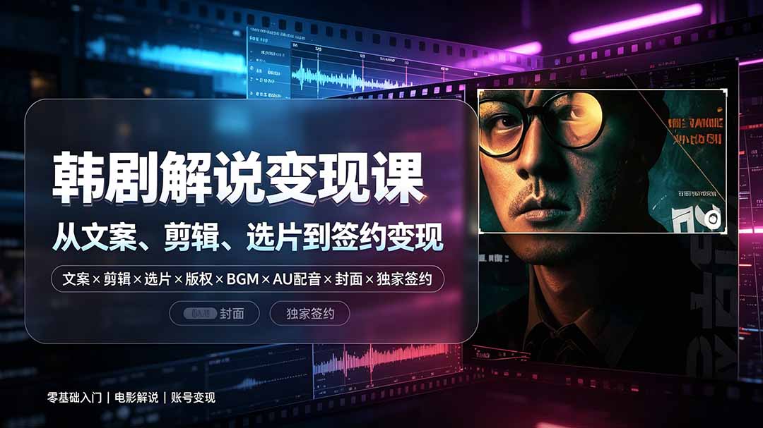 抖音270W粉丝博主亲授韩剧解说课：文案×剪辑×选片×版权×BGM×AU配音×封面×独家签约，零基础到变现-海之城短剧项目