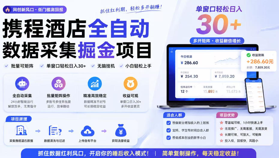 携程酒店全自动采集项目，全程自动浏览，可批量矩阵放大，单机日收300+-海之城短剧项目