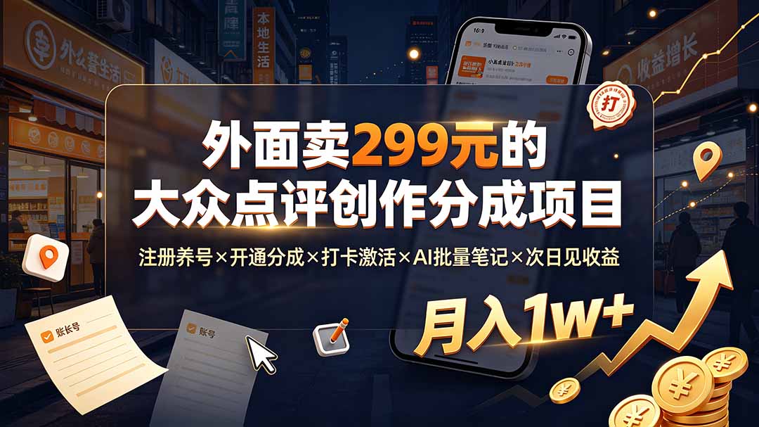外面卖299元的大众点评创作分成项目：注册养号×开通分成×打卡激活×AI批量笔记×次日见收益，月入1w+-海之城短剧项目