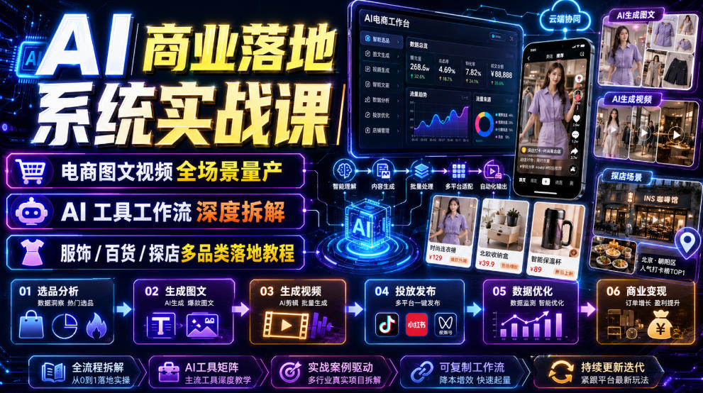 AI商业落地系统实战课｜电商图文视频全场景量产・AI工具工作流深度拆解・服饰/百货/探店多品类落地教程-海之城短剧项目