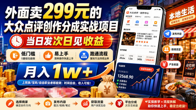 外面卖299元的大众点评创作分成实战项目，当日发次日见收益，低门槛易上手，跑通流程月入1w+-海之城短剧项目
