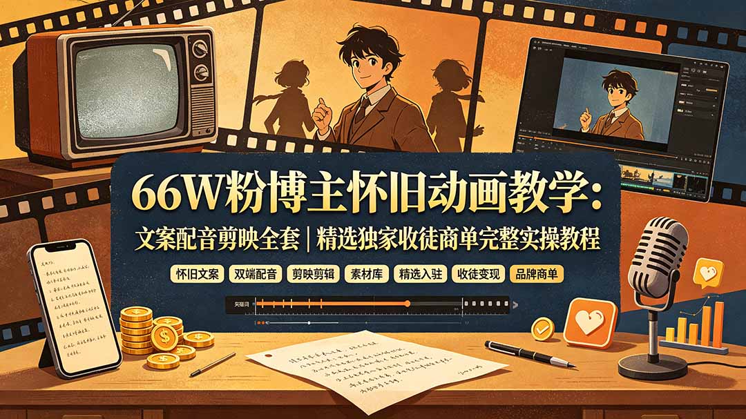 66W粉博主怀旧动画教学：文案配音剪映全套｜精选独家收徒商单完整实操教程-海之城短剧项目