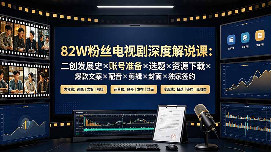 82W粉丝电视剧深度解说课：二创发展史×账号准备×选题×资源下载×爆款文案×配音×剪辑×封面×独家签约-海之城短剧项目