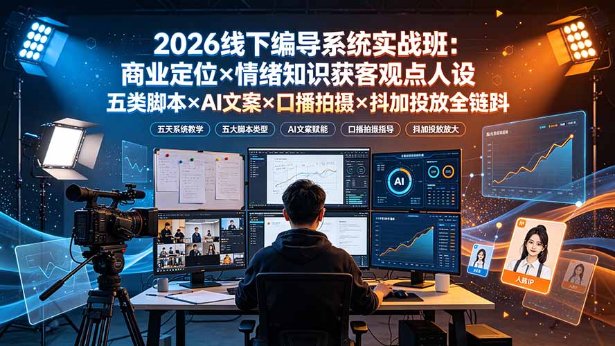 2026线下编导系统实战班：商业定位×情绪知识获客观点人设五类脚本×AI文案×口播拍摄×抖加投放全链路-海之城短剧项目