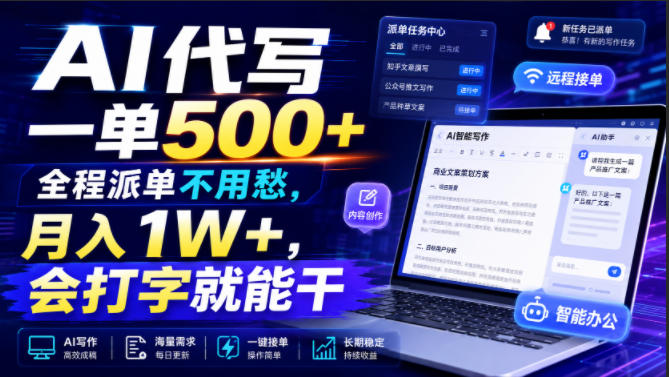 AI代写一单500+，全程派单不用愁，月入1W+，会打字就能干-海之城短剧项目