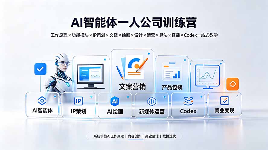 AI智能体一人公司训练营：工作原理×功能模块×IP策划×文案×绘画×设计×运营×算法×直播×Codex一站式教学-海之城短剧项目