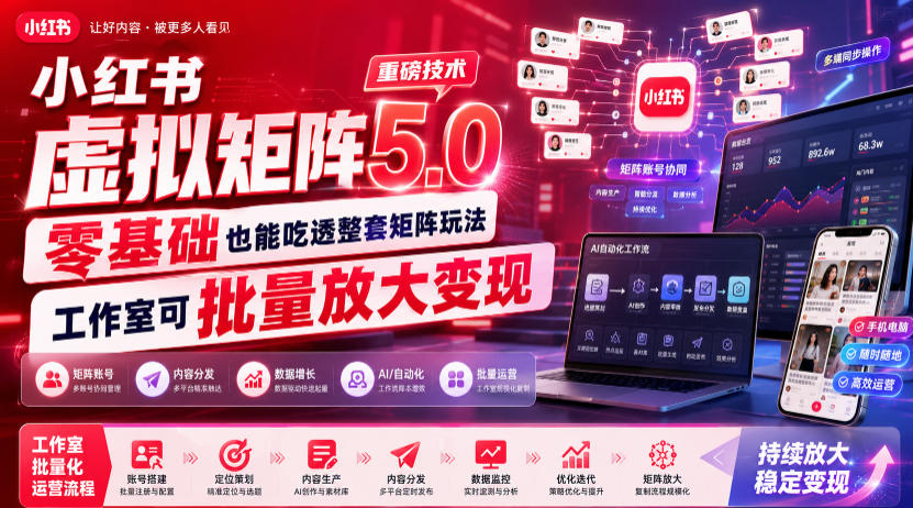 小红书虚拟矩阵5.0重磅技术，零基础也能吃透整套矩阵玩法，工作室可批量放大变现-海之城短剧项目
