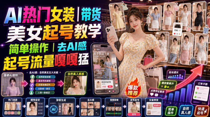 AI热门女装带货丨美女起号教学，简单操作，去AI感，起号流量嘎嘎猛-海之城短剧项目