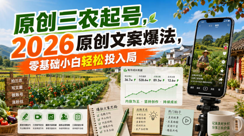 原创三农起号，2026原创文案爆法，零基础小白轻松投入局-海之城短剧项目