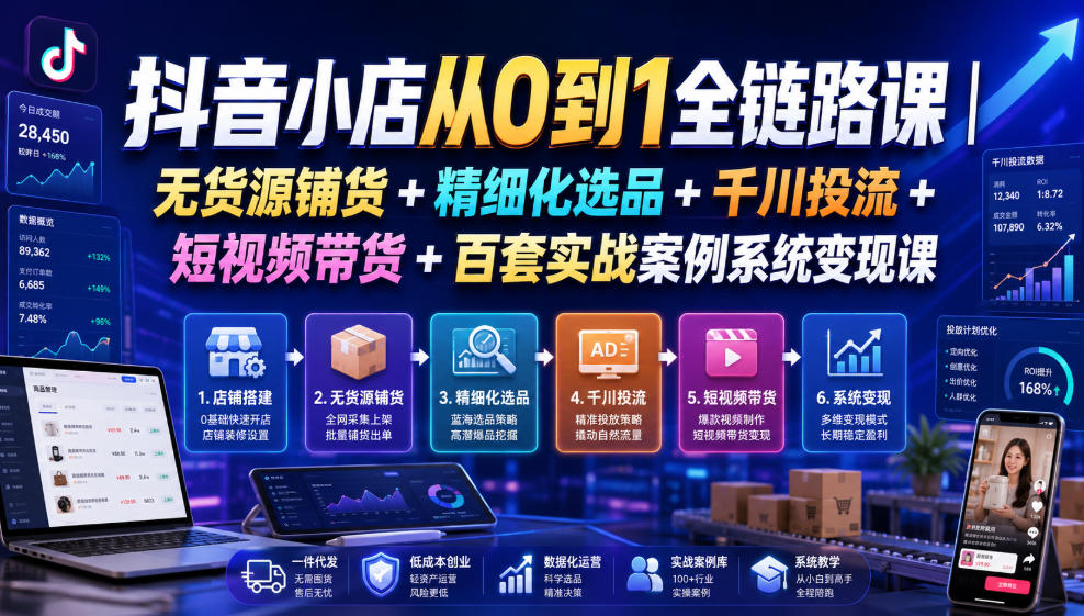 抖音小店从0到1全链路课｜无货源铺货+精细化选品+千川投流+短视频带货+百套实战案例系统变现课（2026年7月更新）-海之城短剧项目