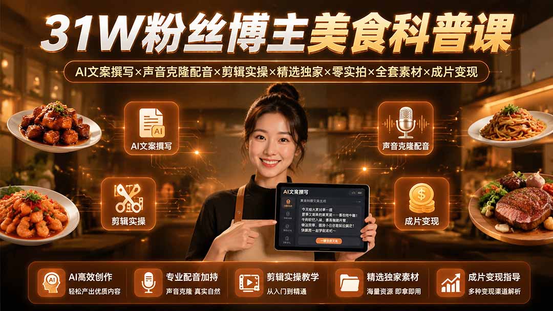 31W粉丝博主美食科普课：AI文案撰写×声音克隆配音×剪辑实操×精选独家×零实拍×全套素材×成片变现-海之城短剧项目