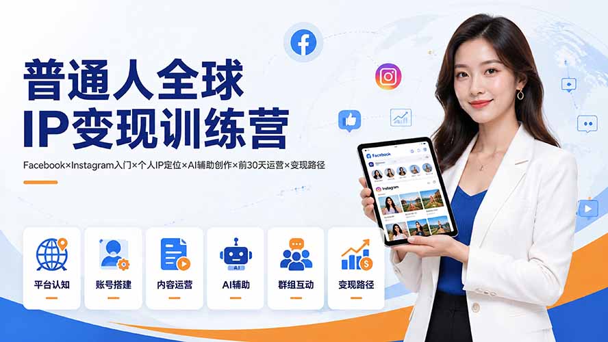 普通人全球IP变现训练营：Facebook×Instagram入门×个人IP定位×AI辅助创作×前30天运营×变现路径-海之城短剧项目