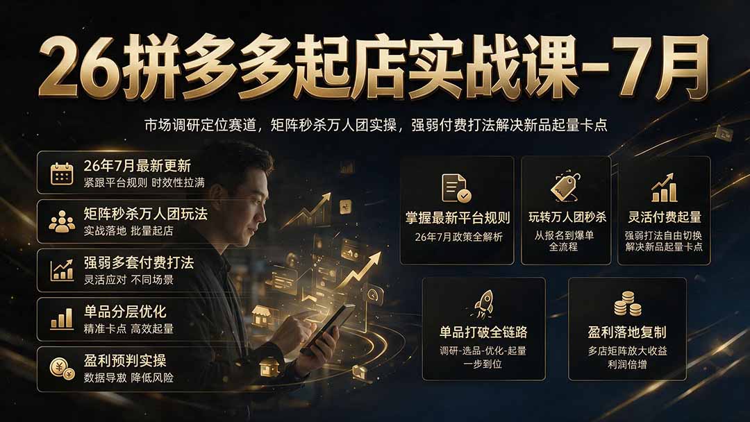 26拼多多起店实战课-7月｜市场调研定位赛道，矩阵秒杀万人团实操，强弱付费打法解决新品起量卡点-海之城短剧项目