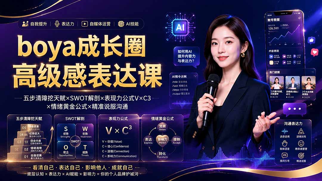 boya成长圈｜内心成长高级表达AI自媒体三合一，消解内耗挖掘天赋，镜头沟通AI指令短视频全流程教学-海之城短剧项目