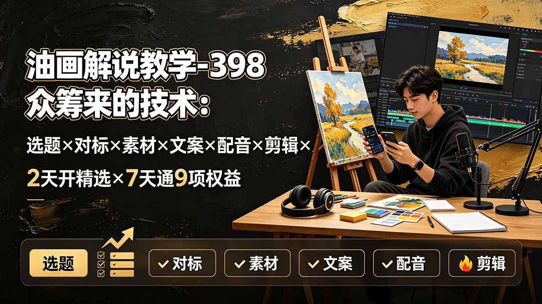 油画解说教学-398众筹来的技术-刯新：选题×对标×素材×文案×配音×剪辑×2天开精选×7天通9项权益-海之城短剧项目