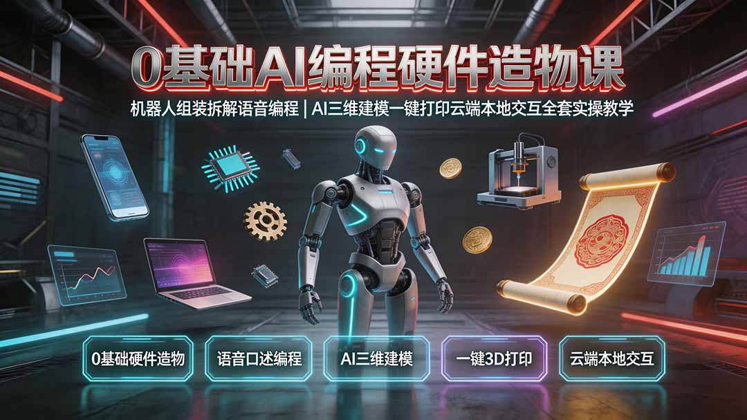 0基础AI编程硬件造物课｜机器人组装拆解语音编程，AI三维建模一键打印云端本地交互全套实操教学-海之城短剧项目