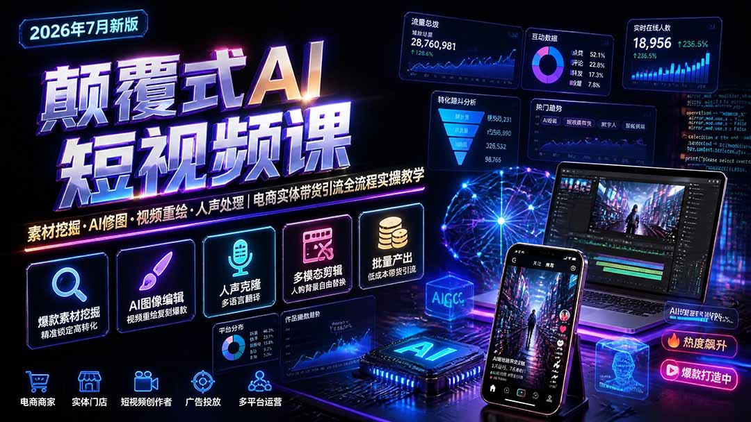 颠覆式AI短视频课｜素材挖掘，AI修图，视频重绘，人声处理｜电商实体带货引流全流程实操教学-海之城短剧项目