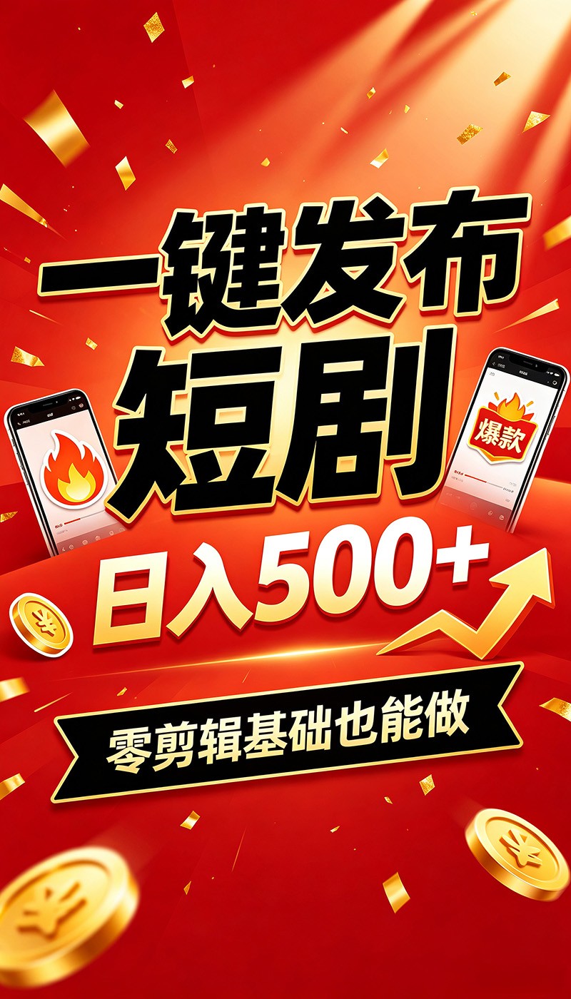 快手短剧一键发布，不用剪辑操作简单，副业日入500+。空闲时间轻松赚收益-海之城短剧项目
