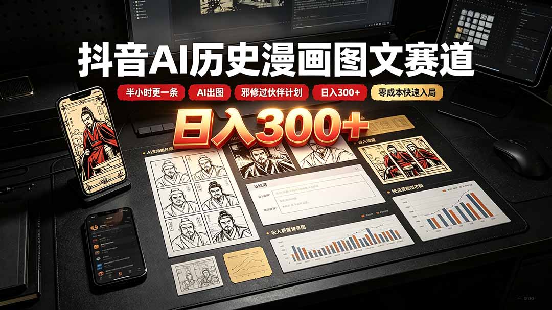 抖音AI历史漫画图文赛道：半小时更一条×AI出图×邪修过伙伴计划×日入300+，零成本快速入局-海之城短剧项目