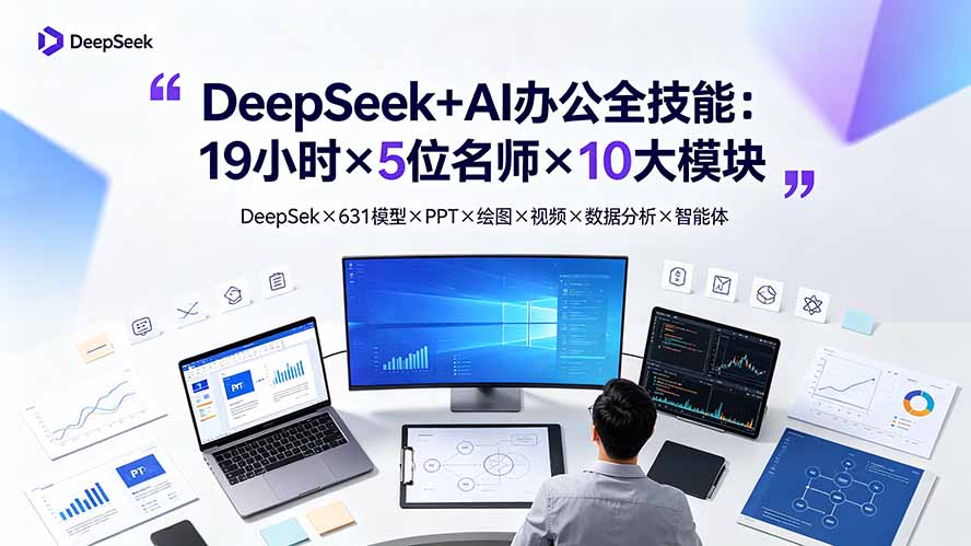 DeepSeek+AI办公全技能：19小时×5位名师×10大模块，DeepSeek×631模型×PPT×绘图×视频×数据分析×智能体-海之城短剧项目