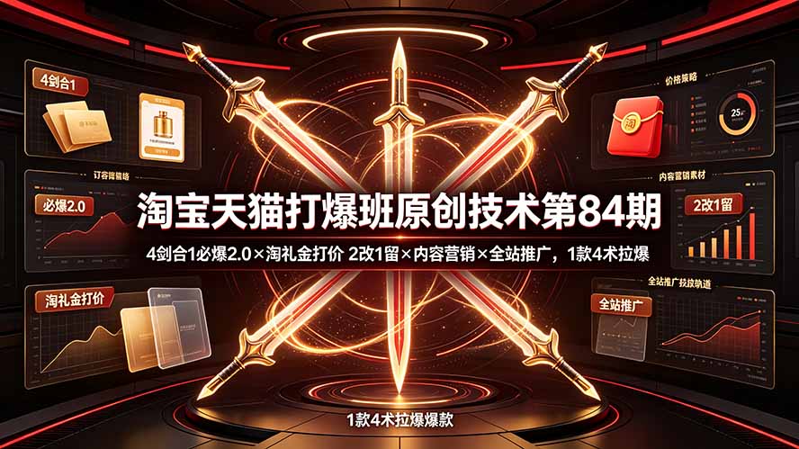 淘宝天猫打爆班原创技术第84期：4剑合1必爆2.0×淘礼金打价×2改1留×内容营销×全站推广，1款4术拉爆-海之城短剧项目